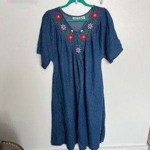 Country Store Womens Blue Embroidered Floral Pintuck Denim Shirt Dress Size M